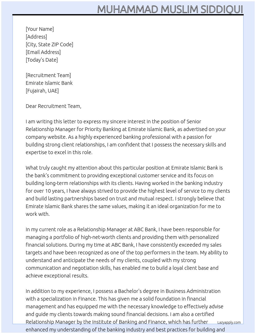 senior Relationship Manager - Priority Banking (Fujairah) At Emirate Islamic Bank Cover Letter