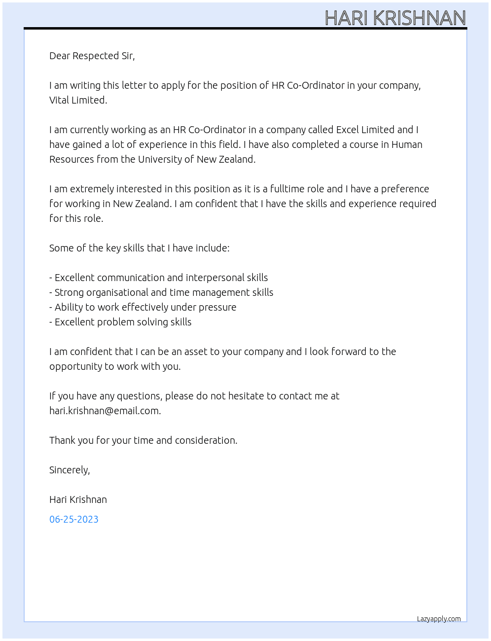 HR Co-Ordinator At Vital Limited Cover Letter