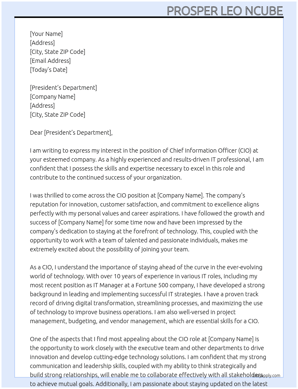 Cover letter for cio - LazyApply