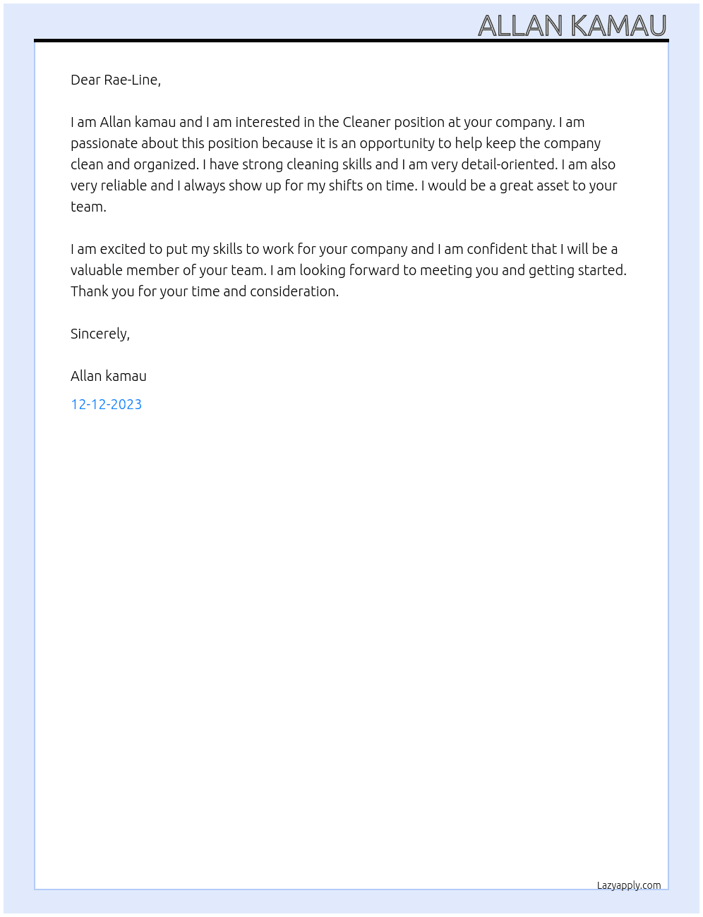 Cleaner At Rae-Line Cover Letter