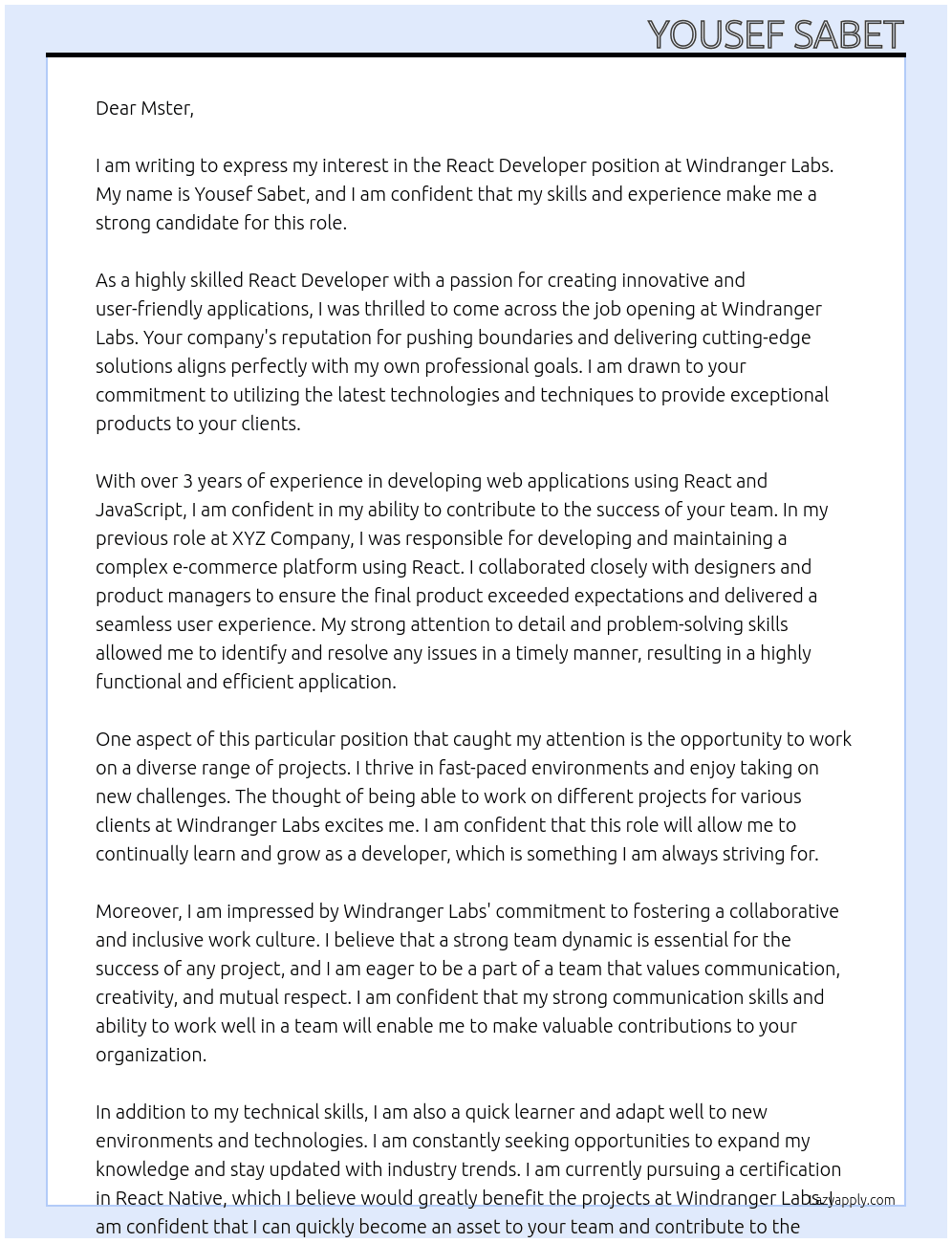react developer At  Windranger Labs Cover Letter