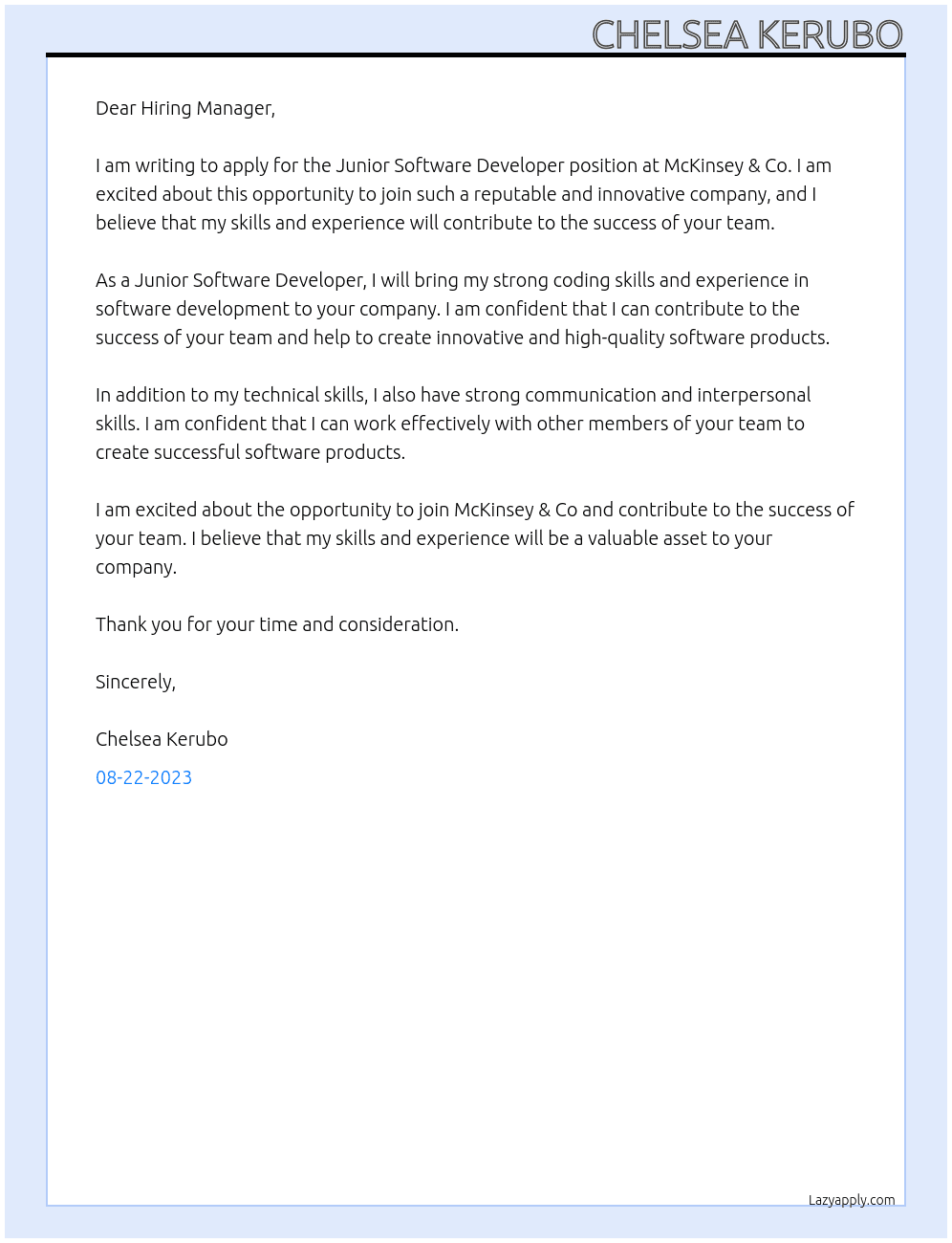 Junior Software developer At Mckinsey & co Cover Letter