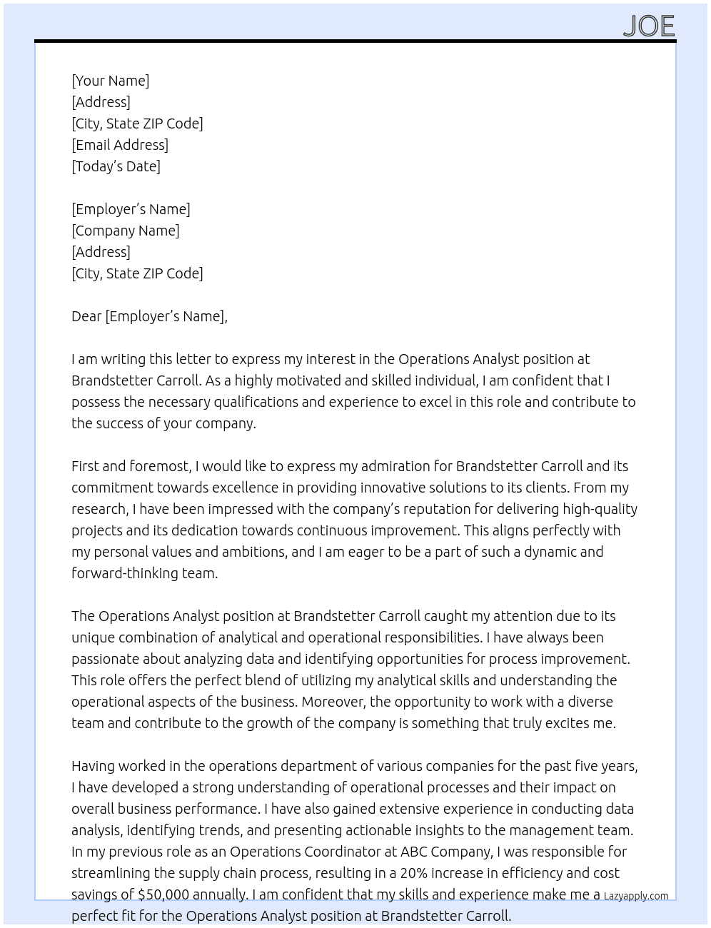 Operations Analyst At Brandstetter Carroll Cover Letter