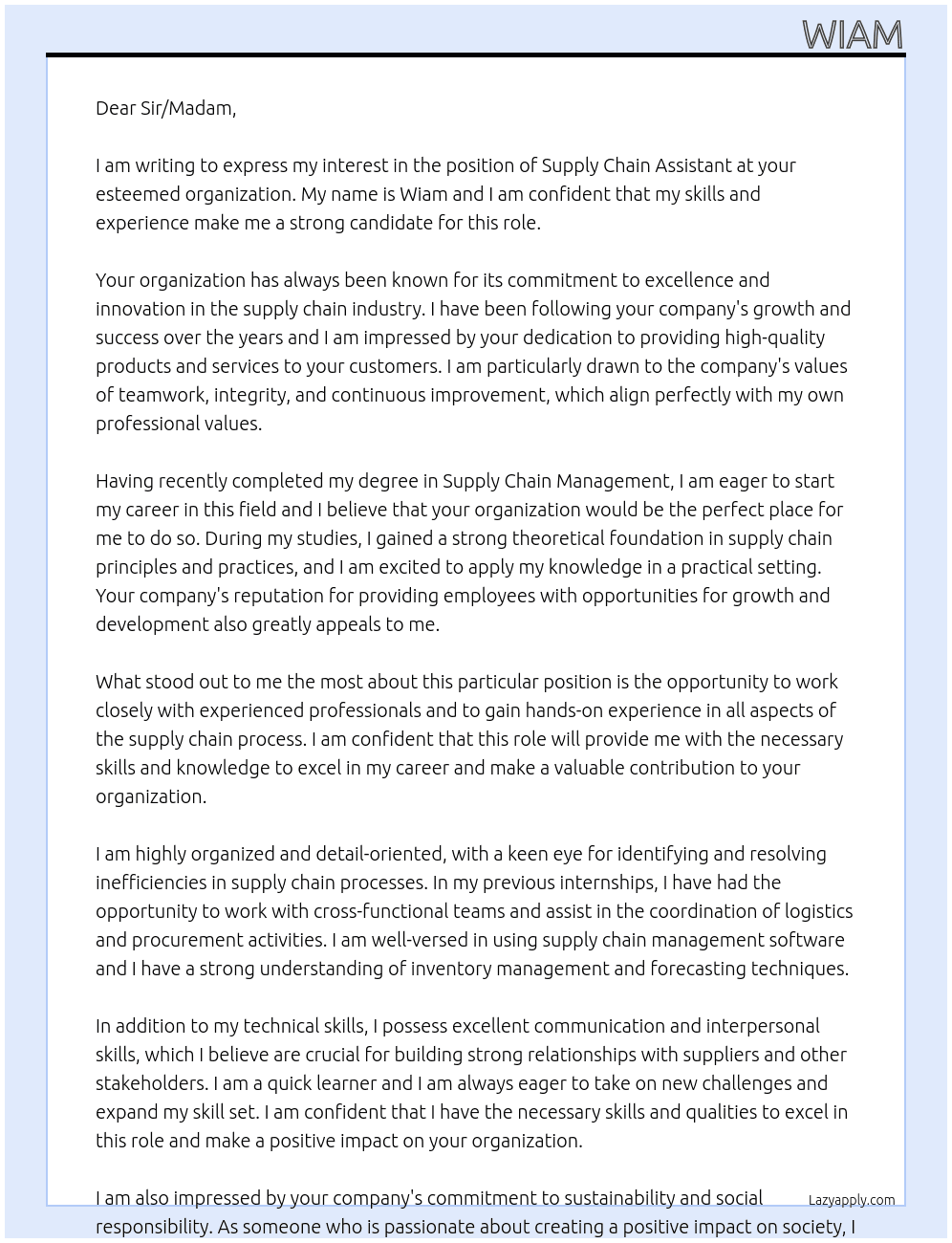 supply chain assistant At organization  Cover Letter