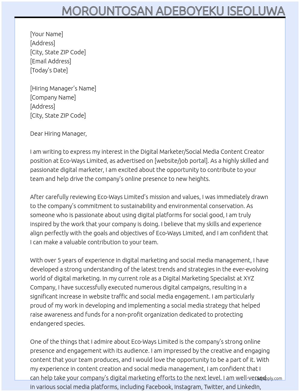 Digital marketer/Social media content creator At Eco-Ways Limited Cover Letter