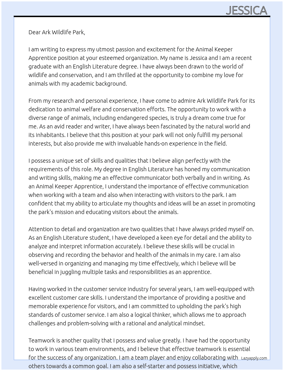 Animal Keeper Apprentice At Ark Wildlife Park Cover Letter