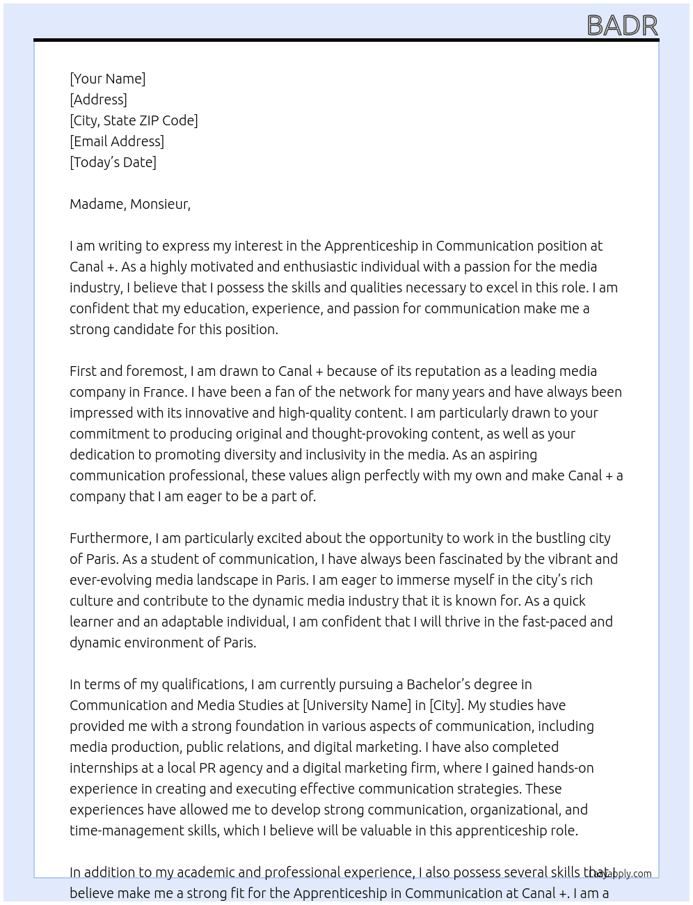 Apprenticeship in communication At Canal + Cover Letter