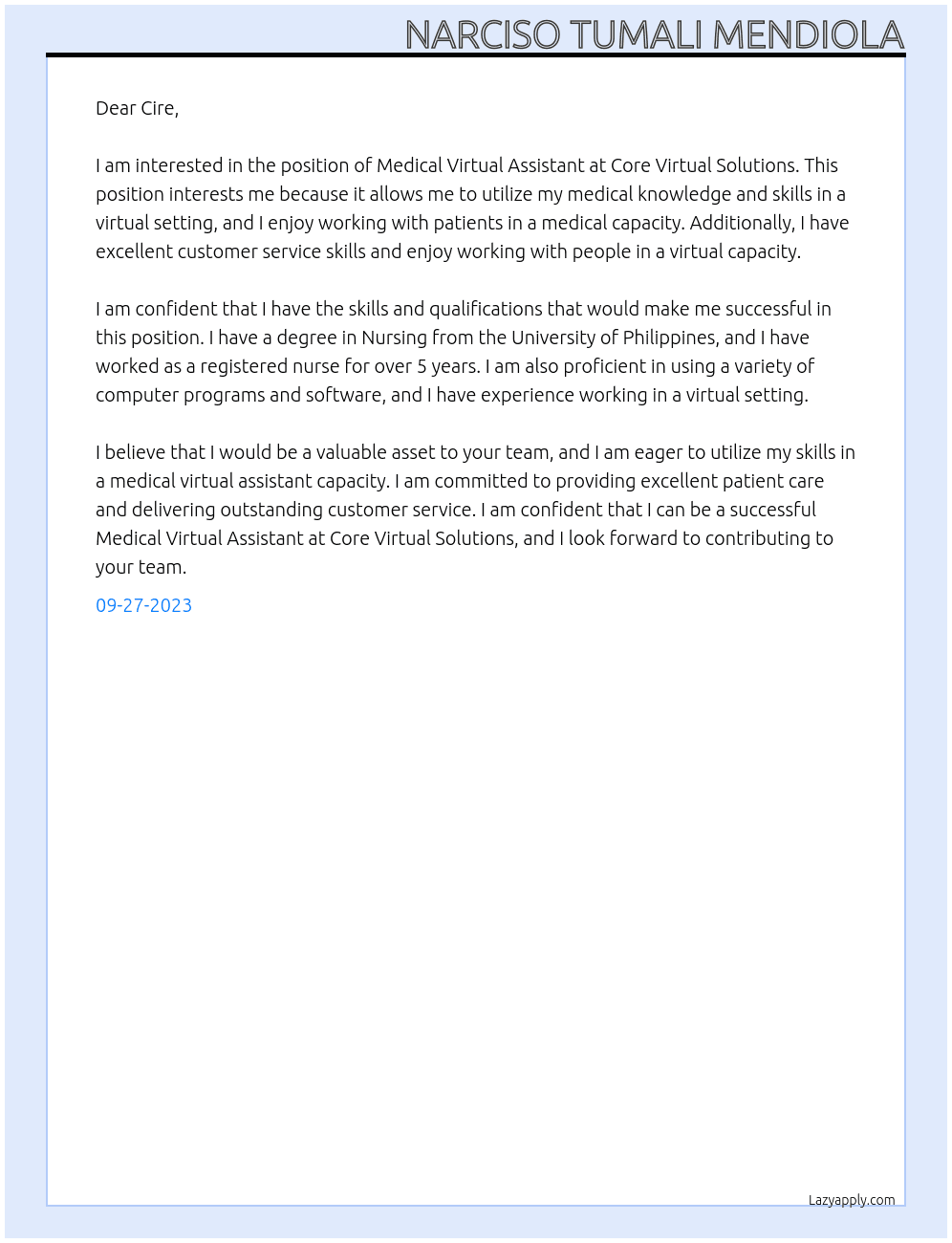Medical Virtual Assistant At Core Virtual Solutions Cover Letter