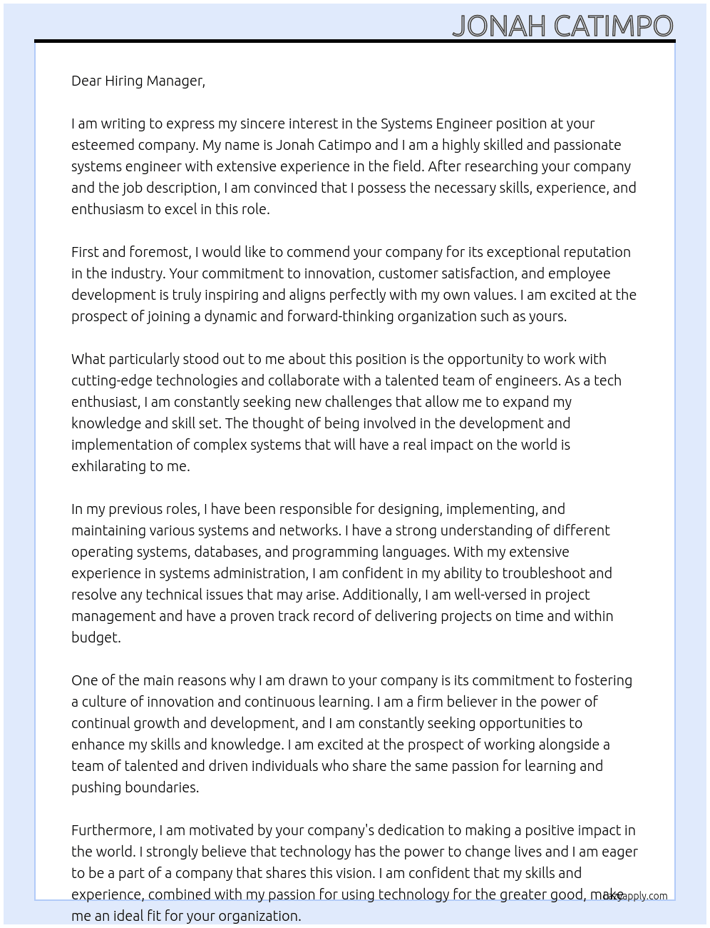 Systems engineer At your Cover Letter