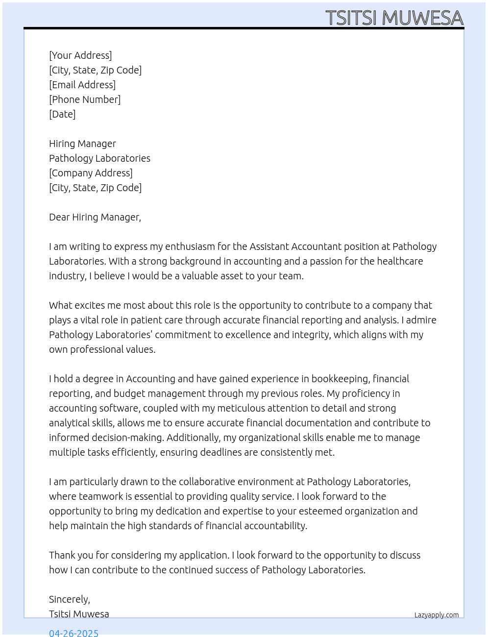 assistant accountant At Pathology Laboratories Cover Letter