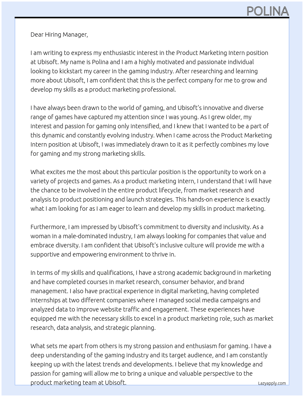 Product Marketing Intern At Ubisoft Cover Letter