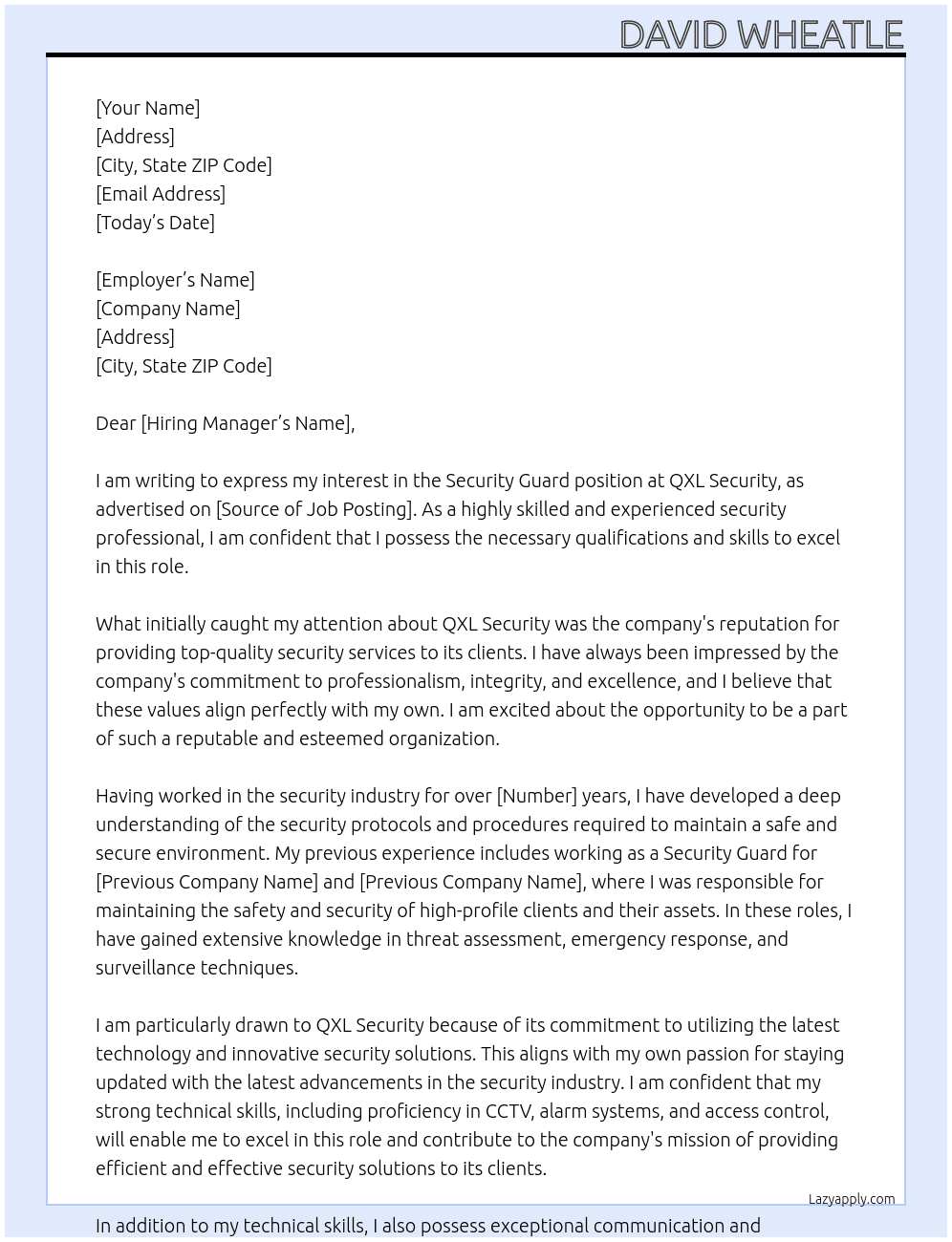 Security Guard At QXL Security Cover Letter