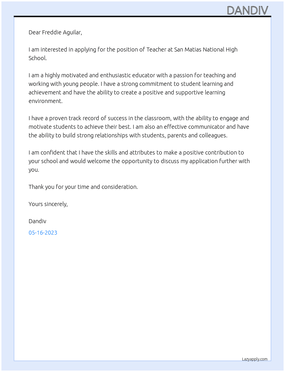 Teacher  At San Matias National High School  Cover Letter