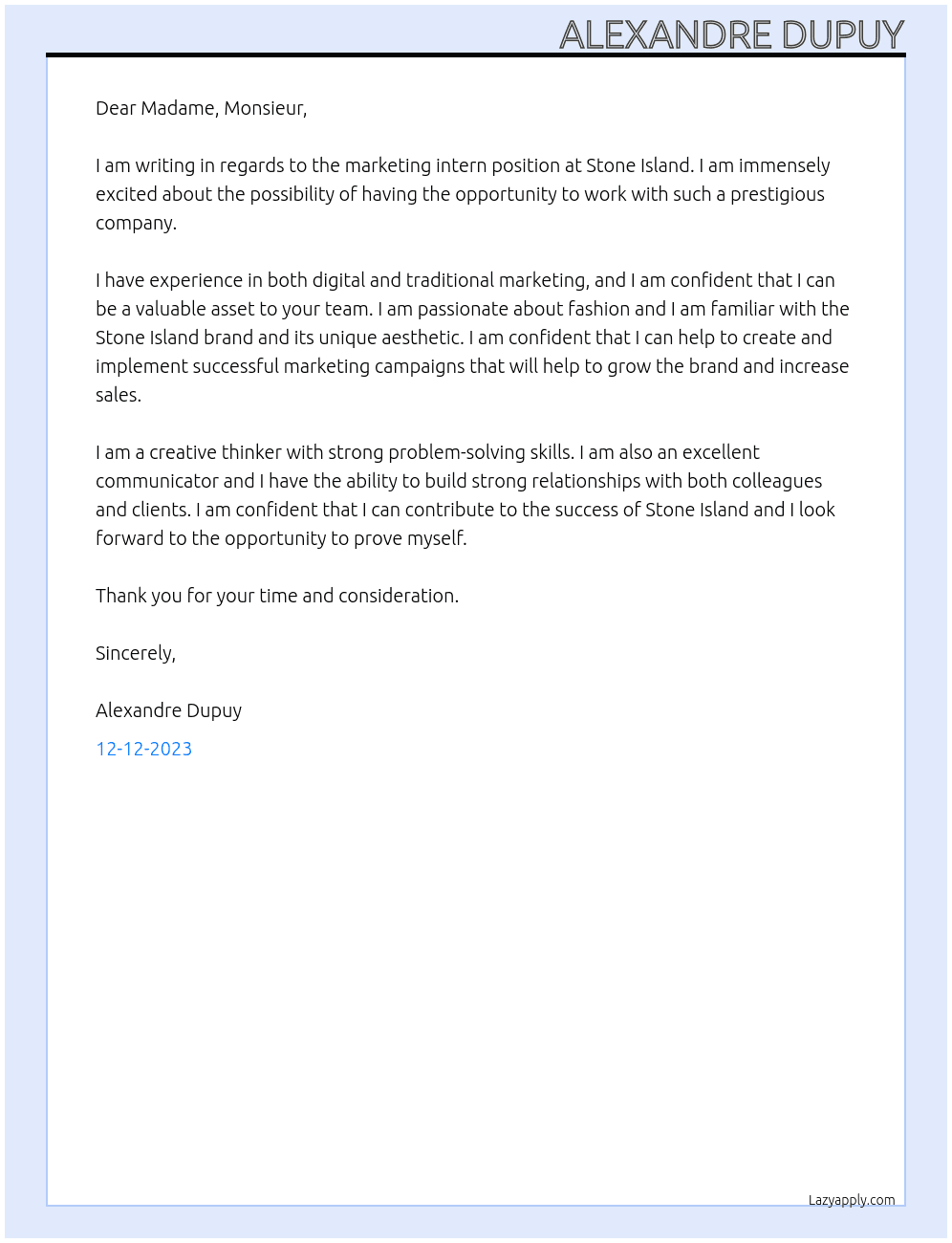 marketing intern At stone island Cover Letter