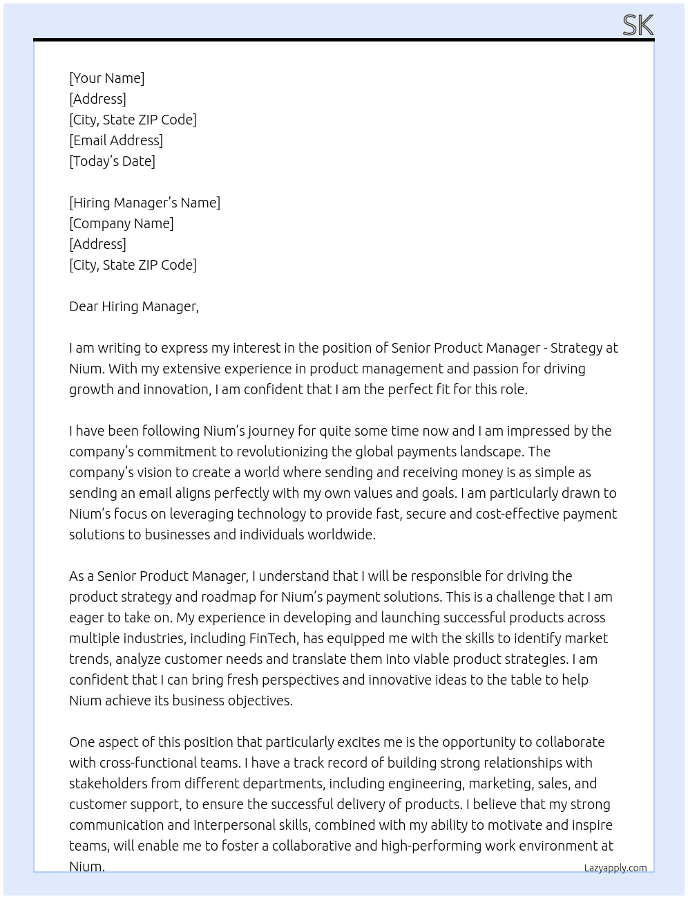Senior Product Manager - Strategy At Nium Cover Letter