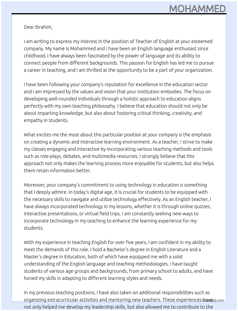 teacher of english At ibrahim Cover Letter