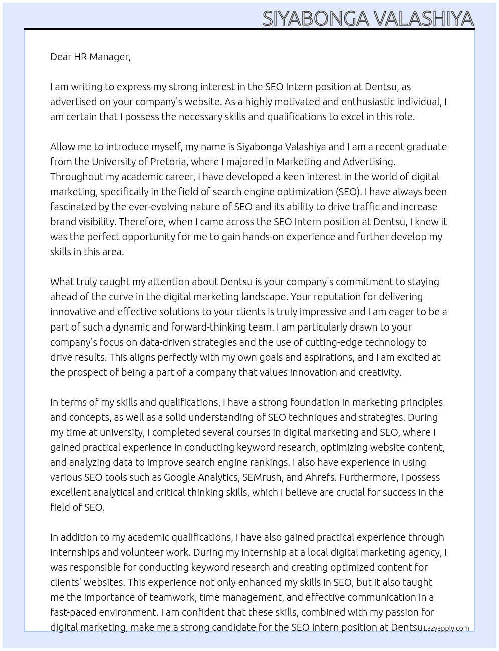 SEO Intern  At Dentsu Cover Letter