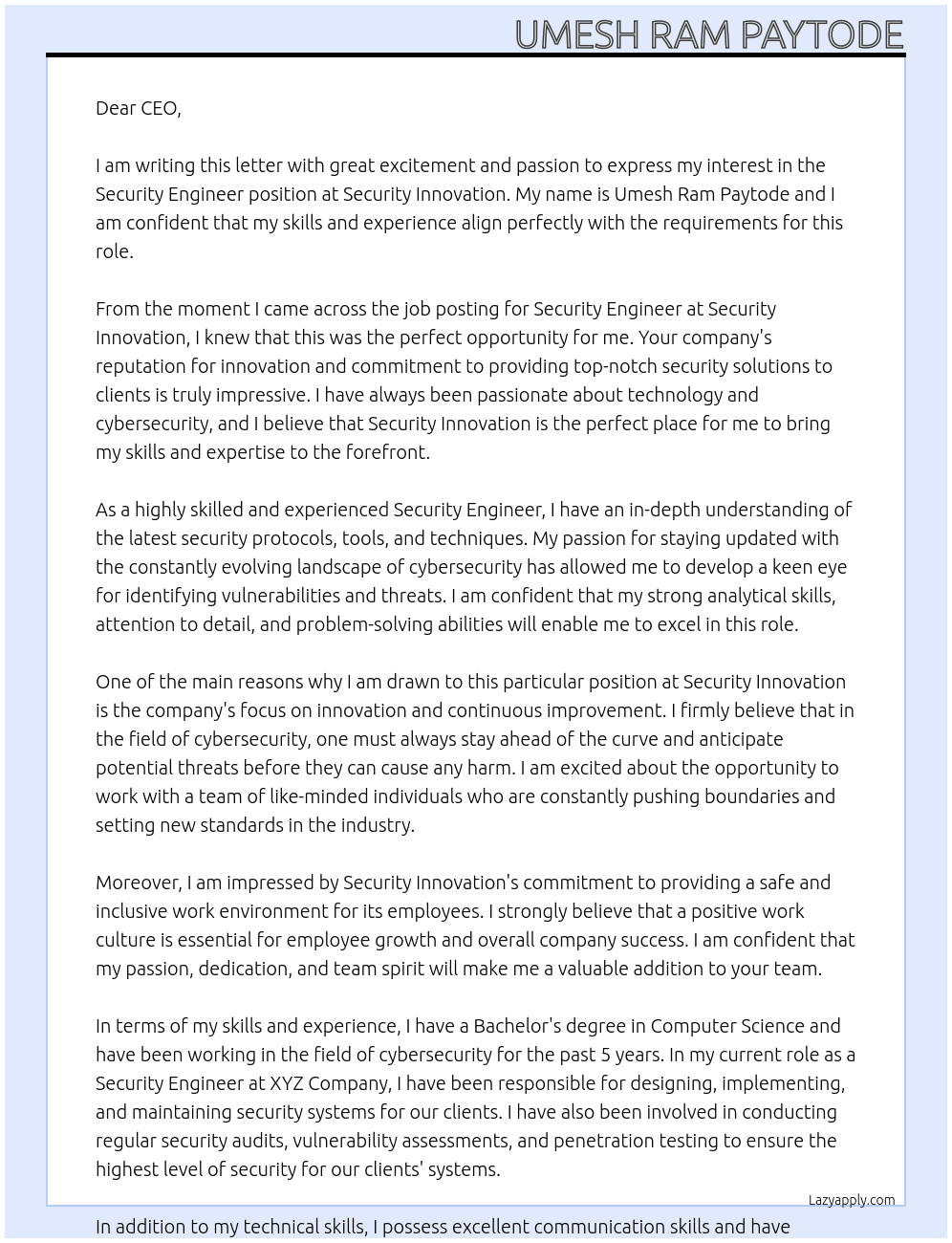Security Engineer At Security Innovation Cover Letter