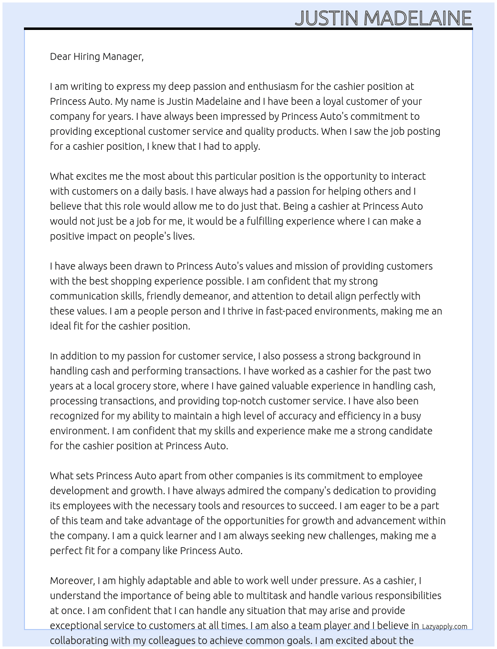 cashier At Princess Auto Cover Letter