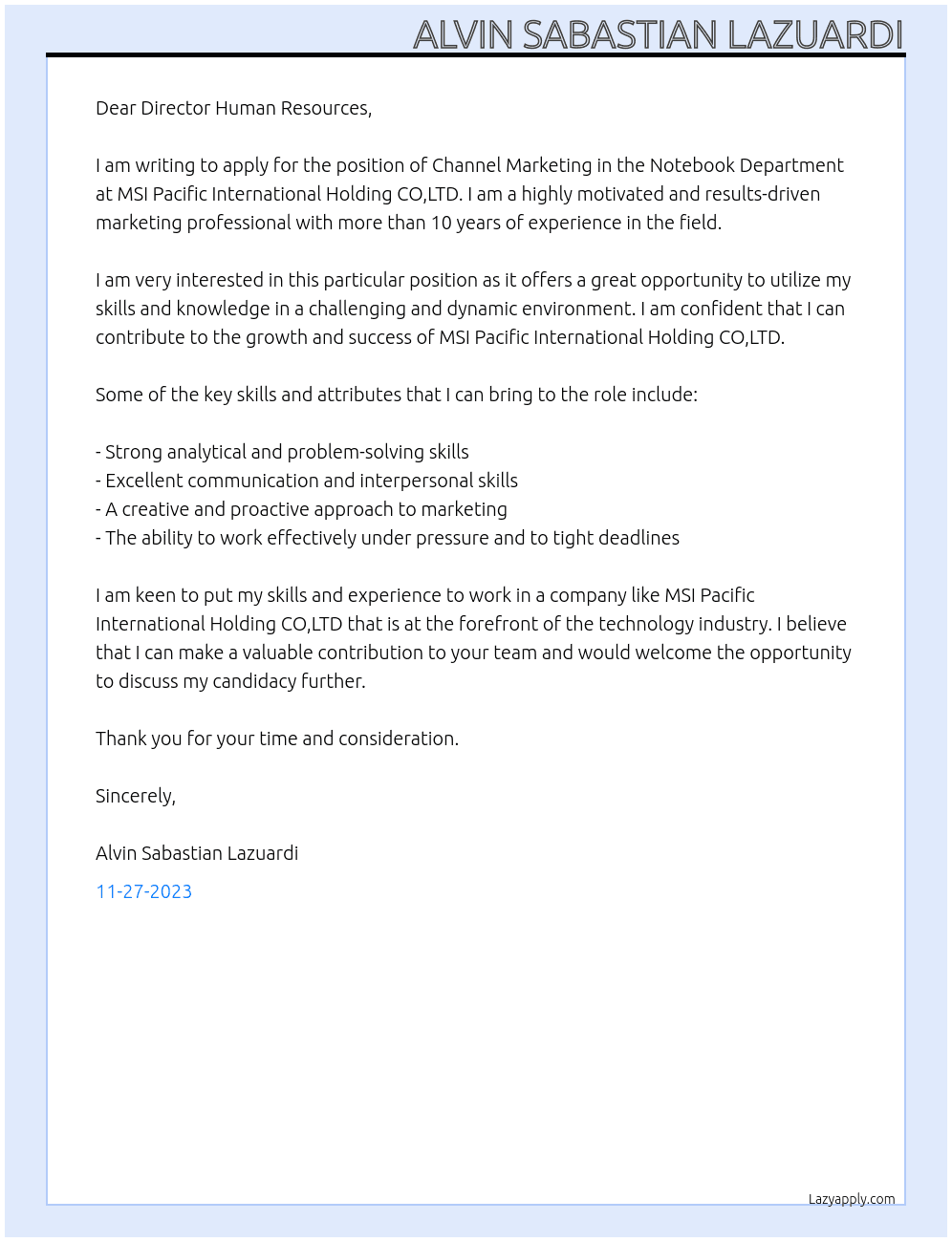Channel Marketing (Notebook Department) At MSI Pacific International Holding CO,LTD Cover Letter
