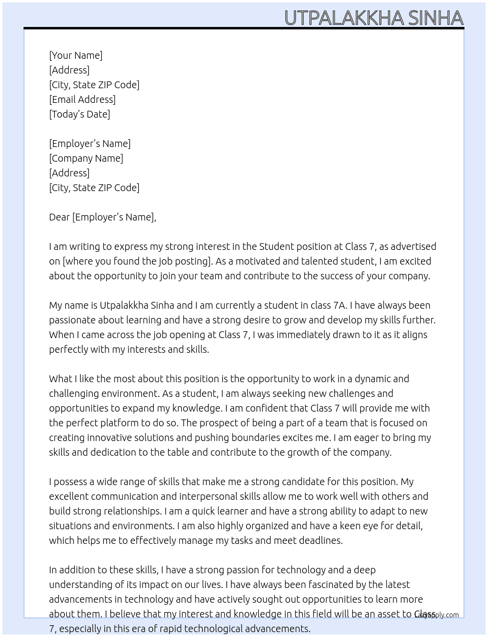 Student At Class 7 Cover Letter
