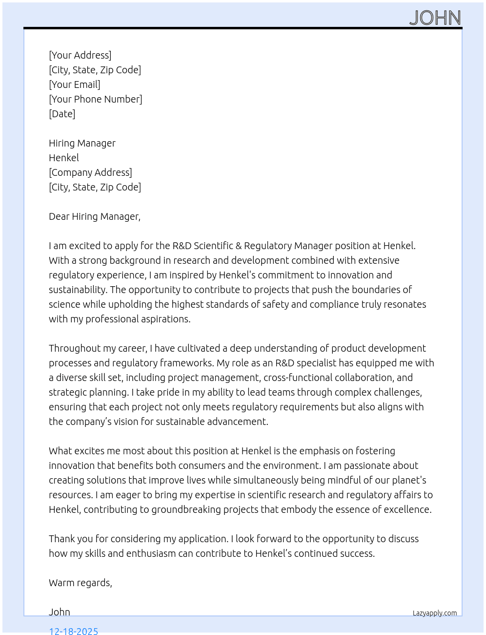 R&D Scientific & Regulatory Manager  At Henkel Cover Letter