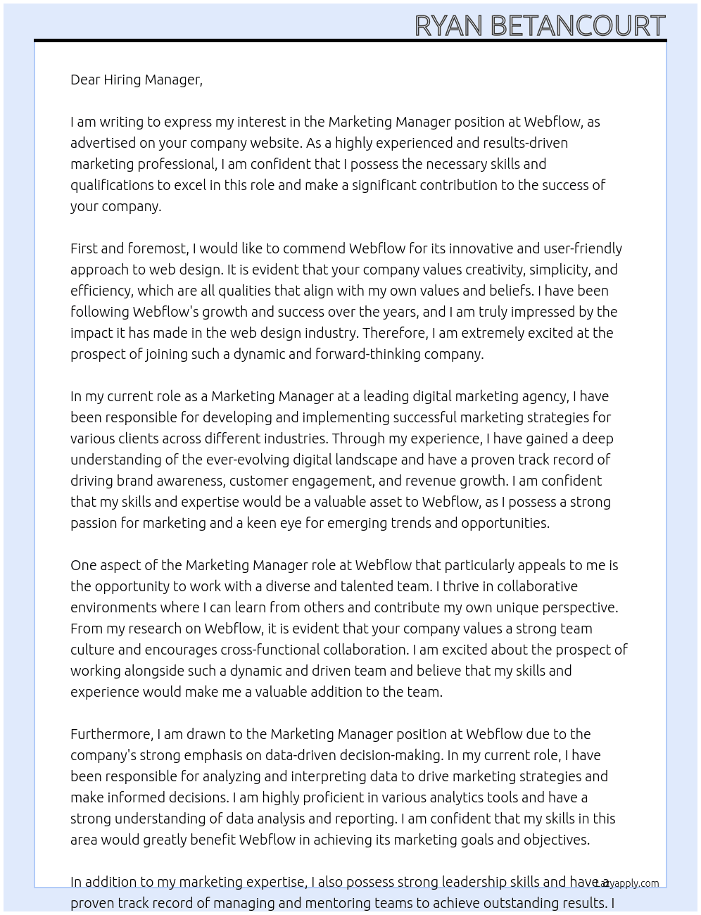 Marketing Manager At Webflow Cover Letter