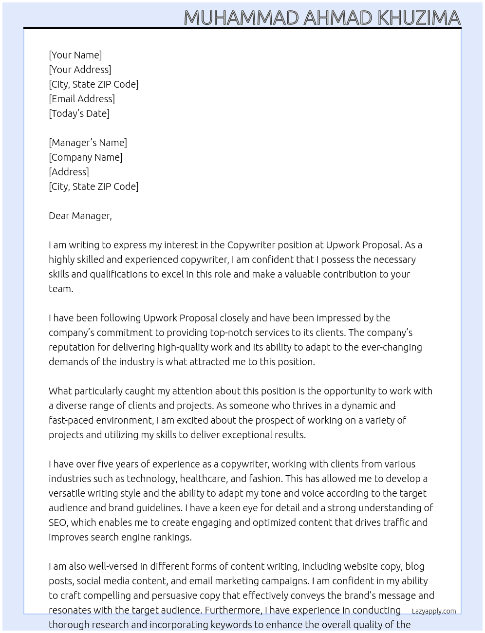 Copywriter At Upwork Proposal Cover Letter