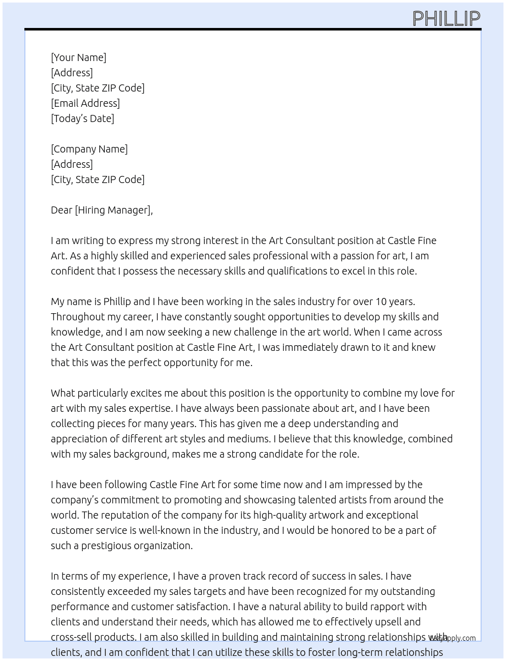 art consultant At castle fine art Cover Letter