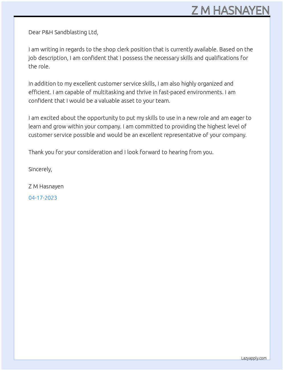 shop clerk At P&H SANDBLASTING LTD Cover Letter