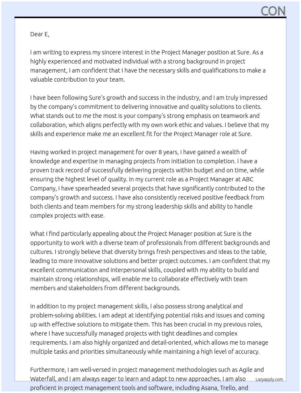 Project Manager  At Sure Cover Letter