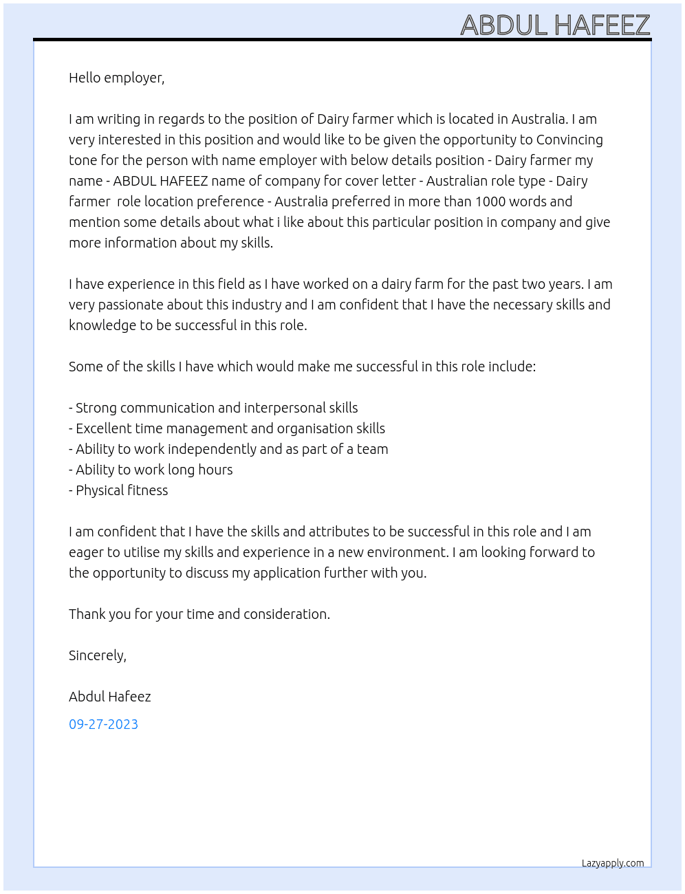 Dairy farmer  At Australian  Cover Letter