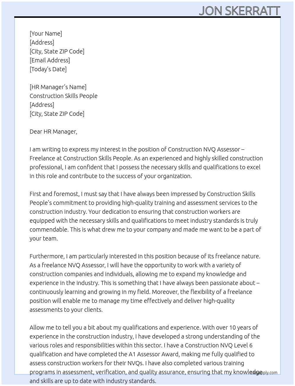 Construction NVQ Assessor – Freelance At Construction Skills People Cover Letter