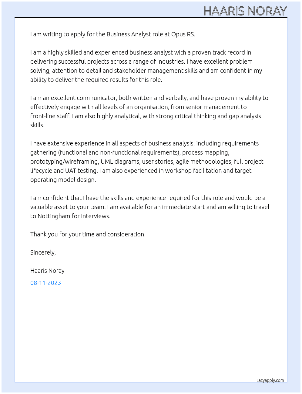 Business Analyst At Opus RS Cover Letter