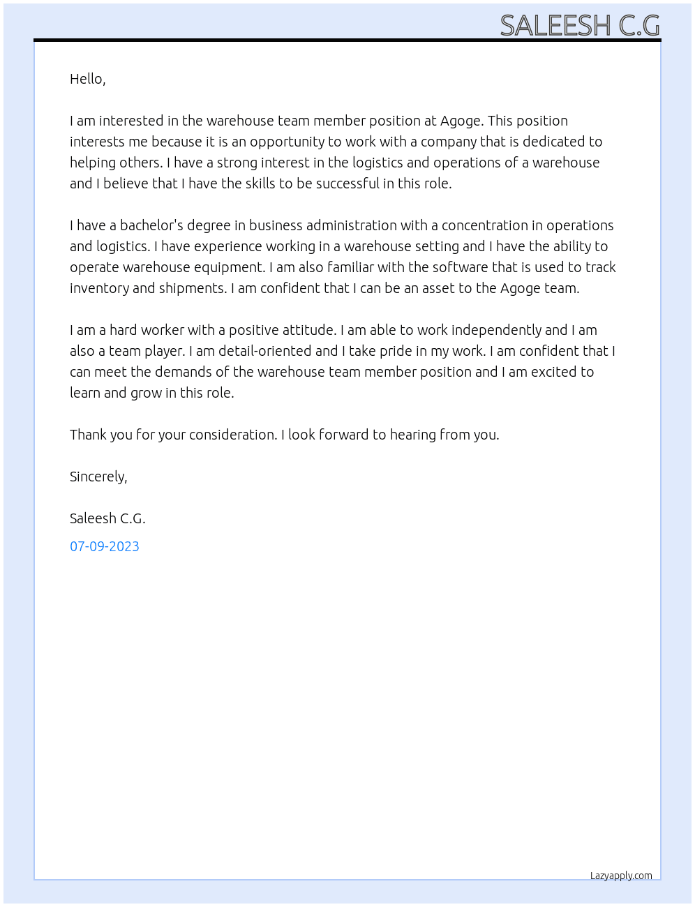 Warehouse team member At Agoge Cover Letter