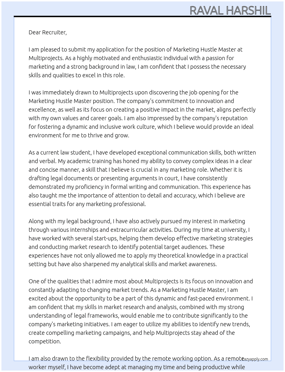 Marketing Hustle Master At Multiprojects Cover Letter