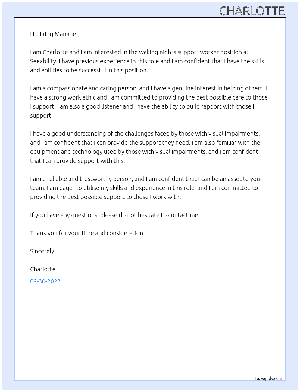 waking nights support worker At seeability Cover Letter
