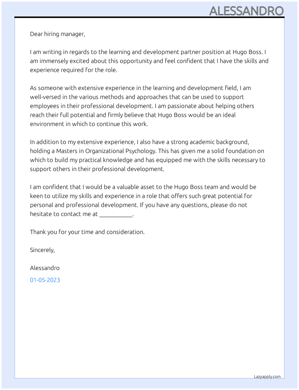 learning and development partner At hugo boss Cover Letter