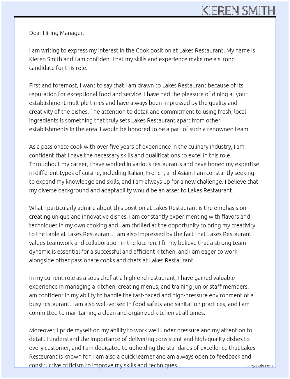 cook At lakes resturant Cover Letter