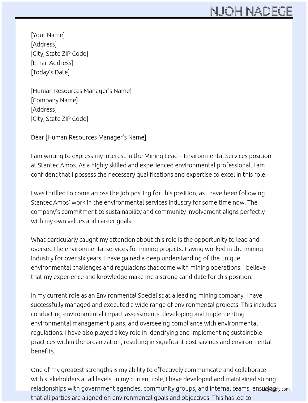 Mining Lead – Environmental Services At Stantec Amos Cover Letter