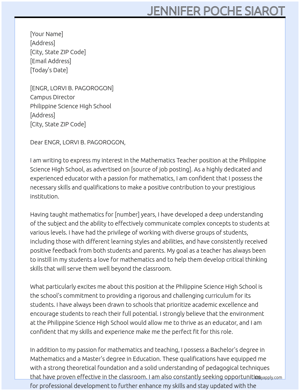 MATHEMATICS TEACHER At PHILIPPINE SCIENCE HIGH SCHOOL Cover Letter