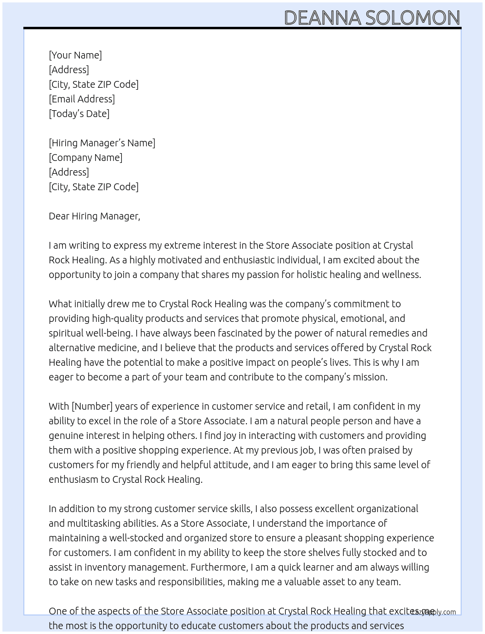 Store Associate At Crystal Rock Healing Cover Letter