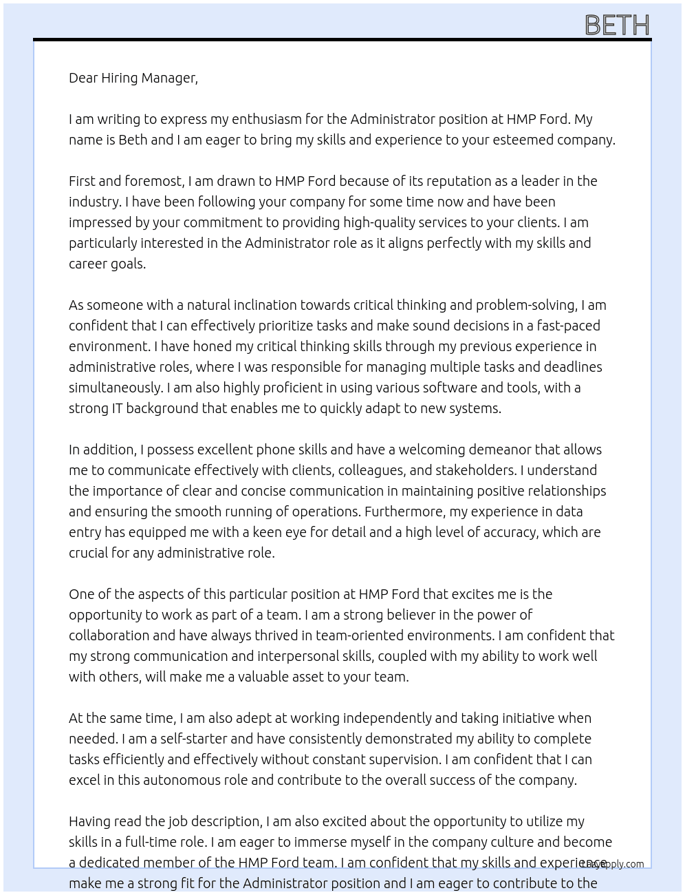 Administrator At HMP Ford Cover Letter