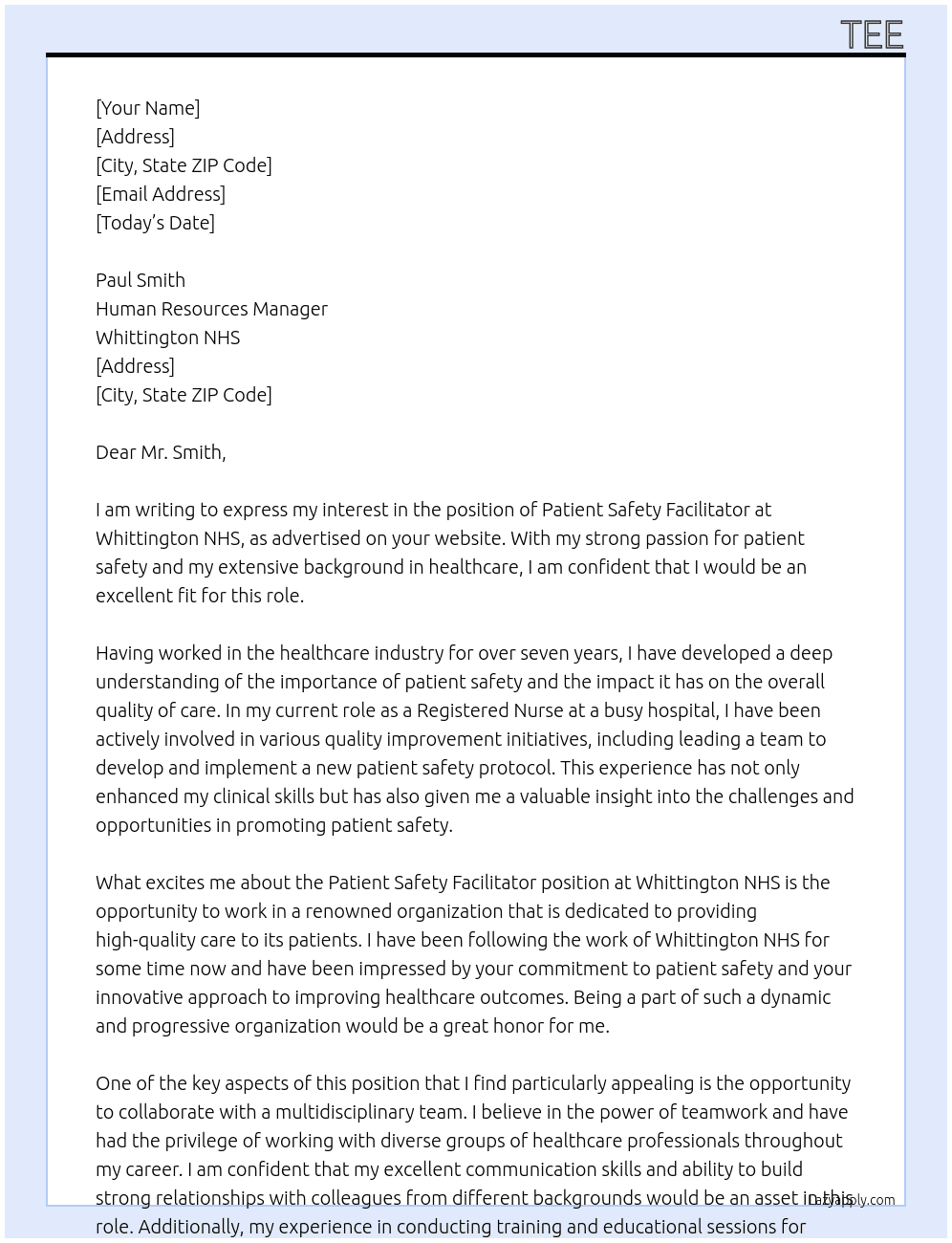 patient safety facilitator At Whittington NHS Cover Letter