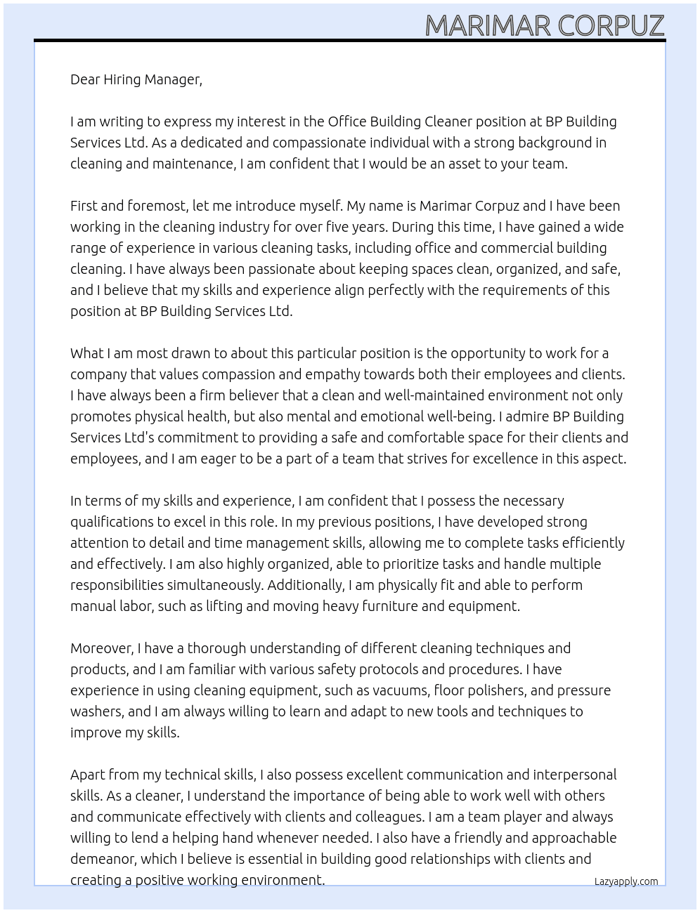 Office Building Cleaner  At BP Building Services Ltd Cover Letter