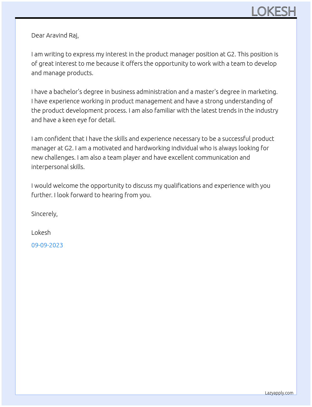 product manager At G2 Cover Letter