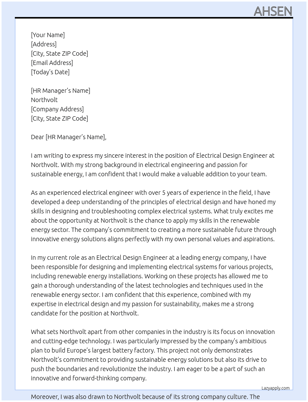 Electrical Design Engineer At Northvolt Cover Letter