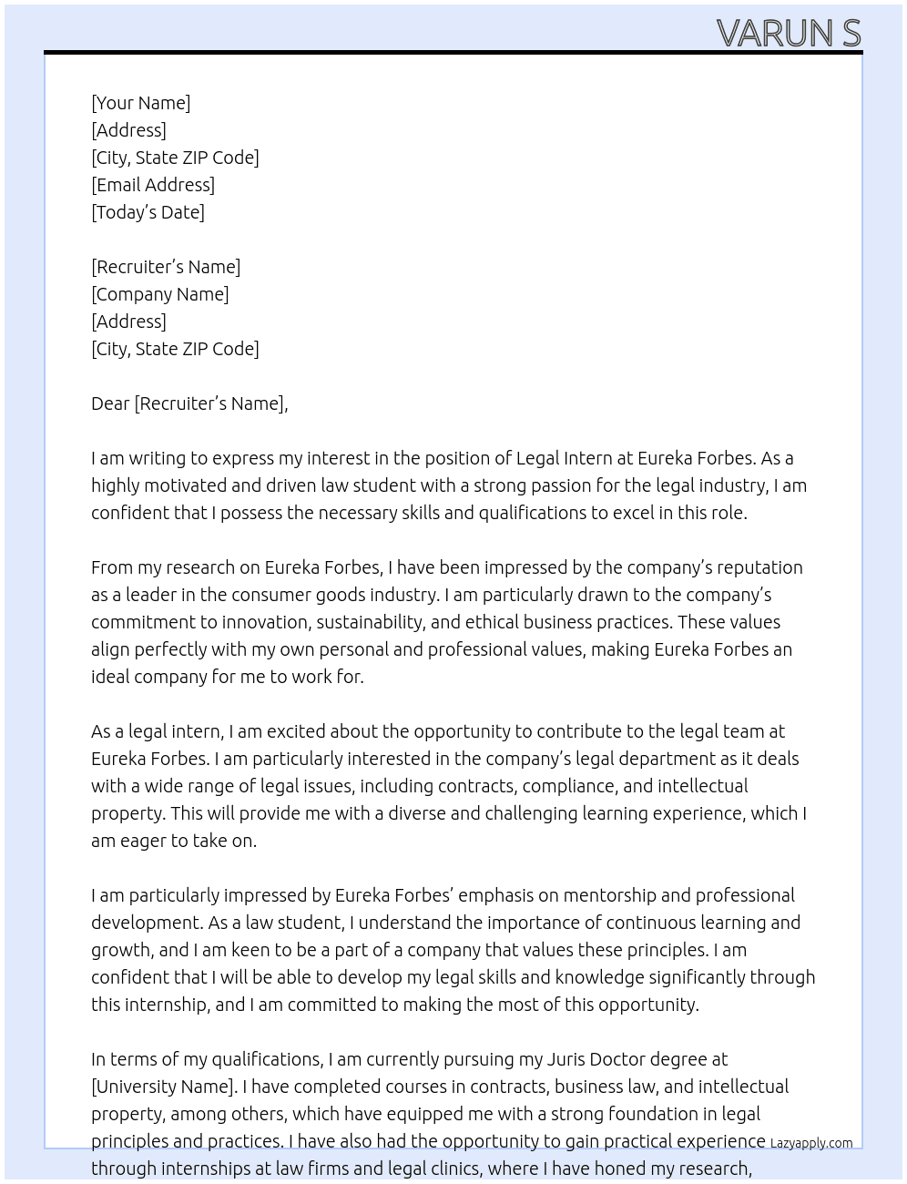 LEGAL INTERN At EUREKA FORBES Cover Letter