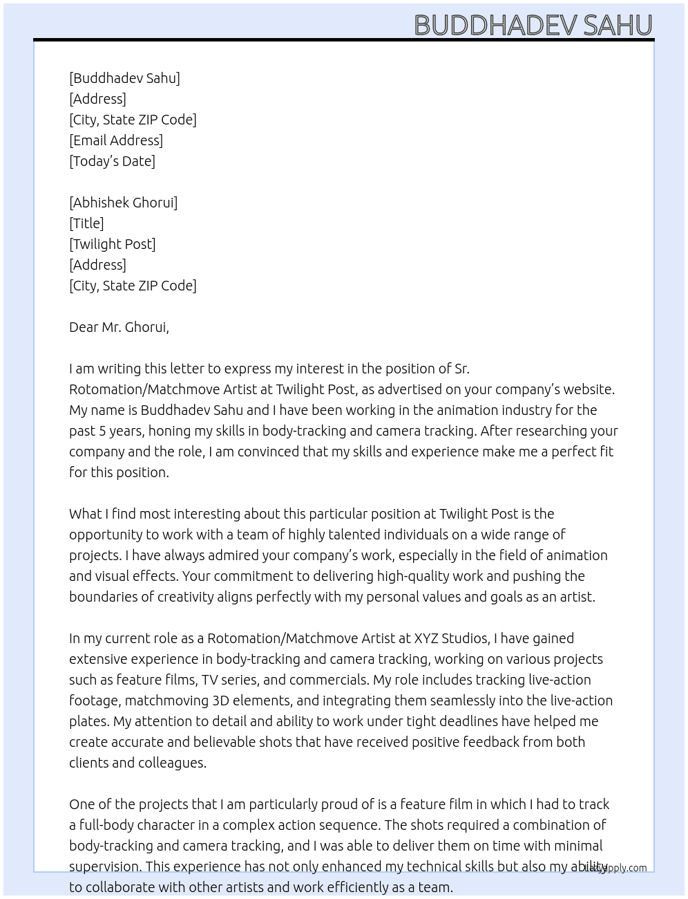 Sr. Rotomation/ Matchmove Artist At Twilight Post Cover Letter