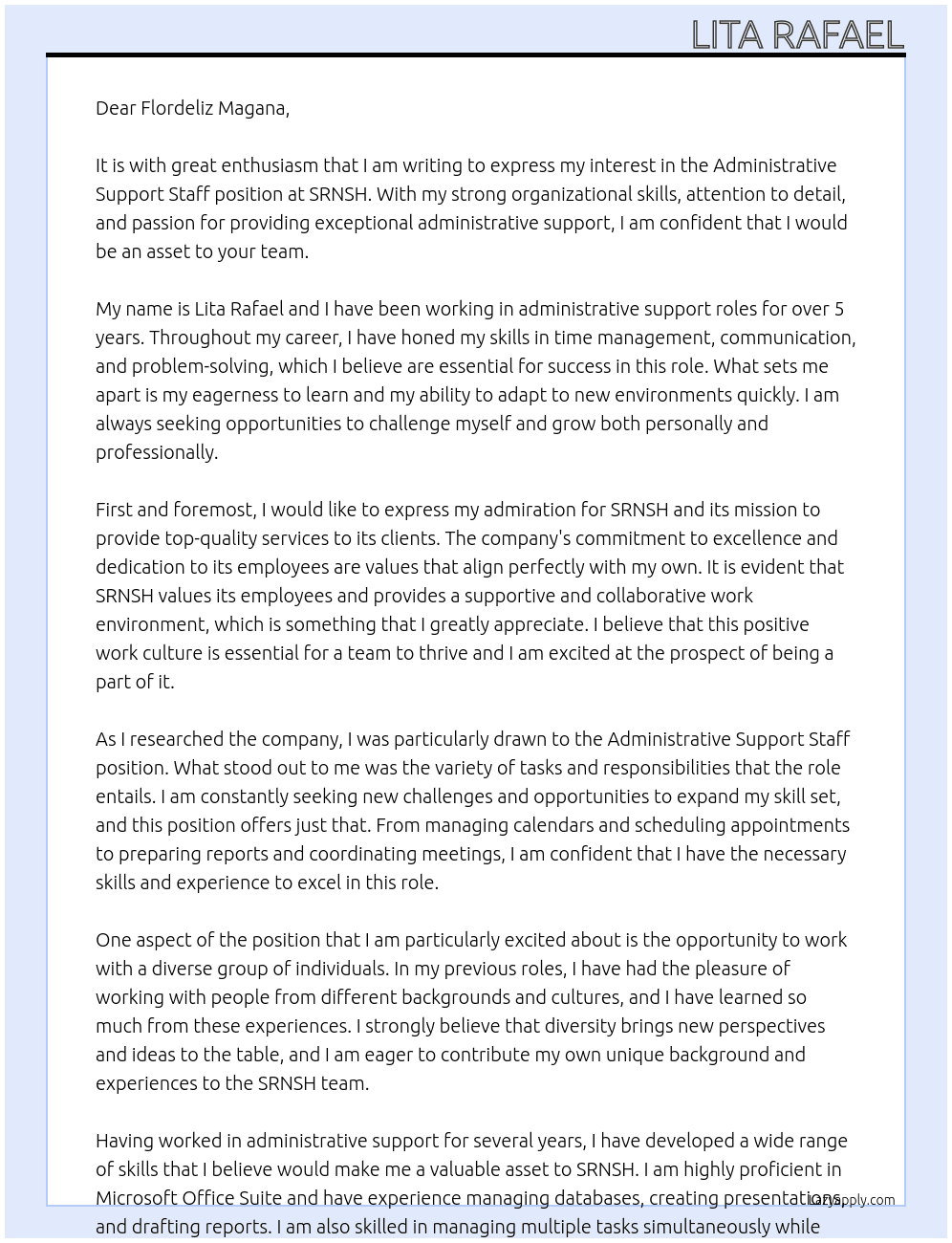 Administrative Support Staff At SRNSH Cover Letter